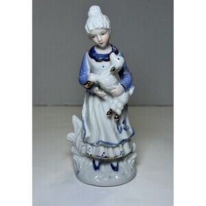Vintage Victorian/Colonial Porcelain Women With Lamb Figurine White/Blue